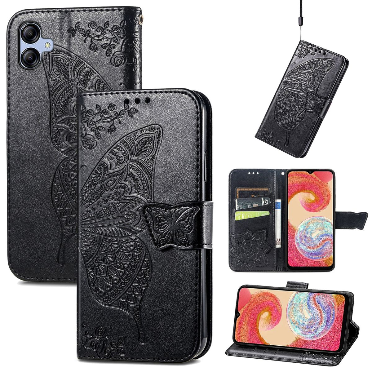 Schwarze Leder-Handyhülle mit Schmetterlingsdesign. Mehrere Ansichten werden auf weißer Oberfläche präsentiert.