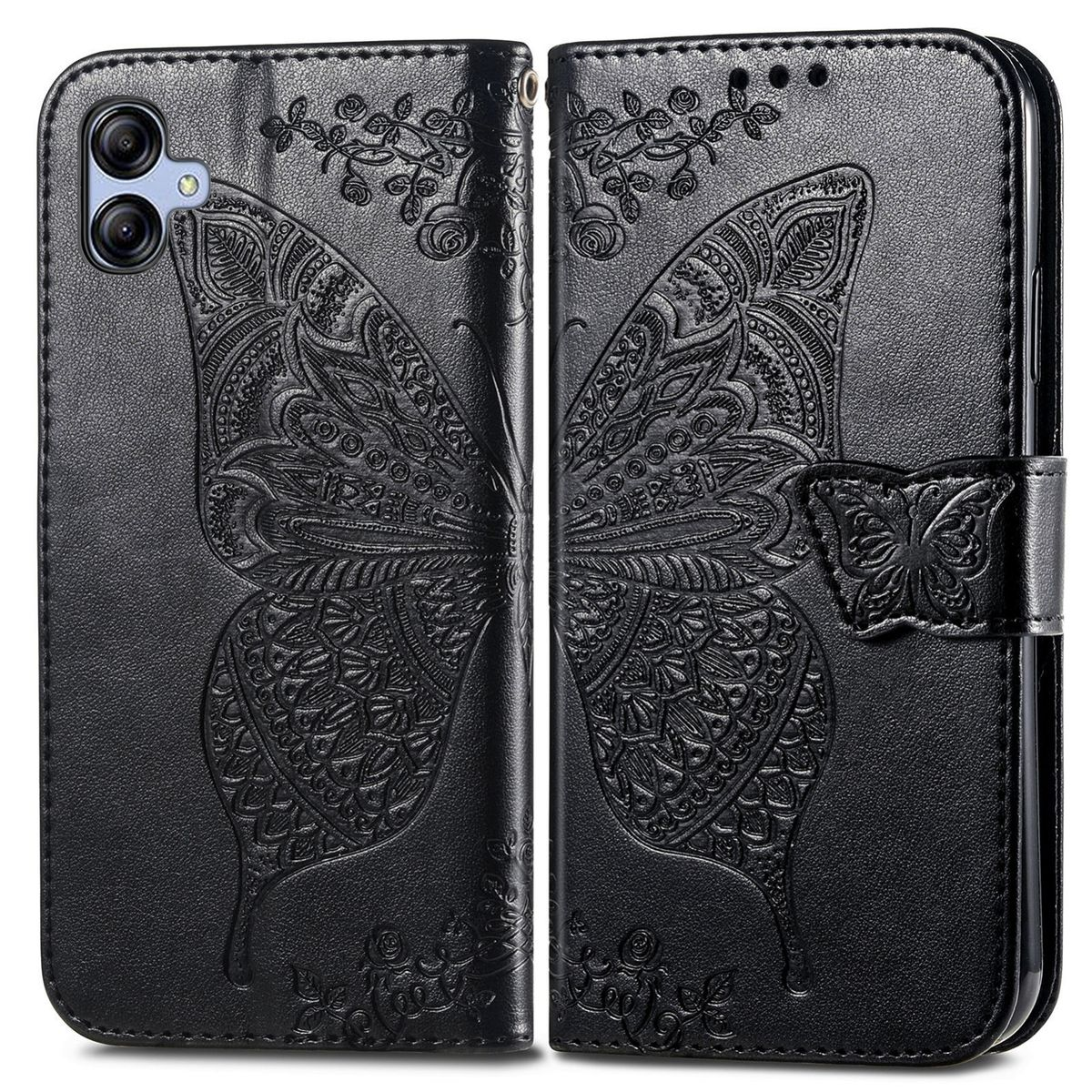 Schwarze Handyhülle mit Schmetterlingsdesign. Die Hülle ist offen und zeigt das Telefon und Schmetterlingsdetails.