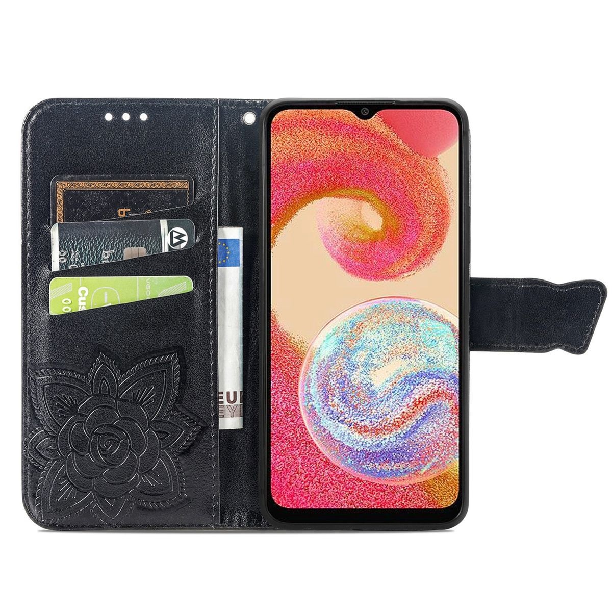 Schwarze Handyhülle mit Blumendesign und Karten. Ein Telefon ist darin, das einen bunten Bildschirm zeigt.