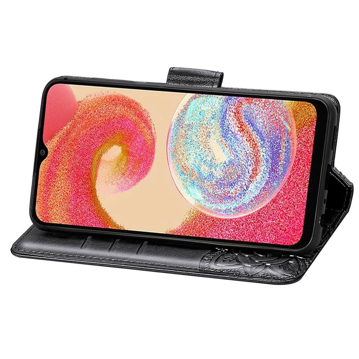 Schwarze Handyhülle, geöffnet, um ein Telefon mit einem bunten, abstrakten Bildschirm zu zeigen.