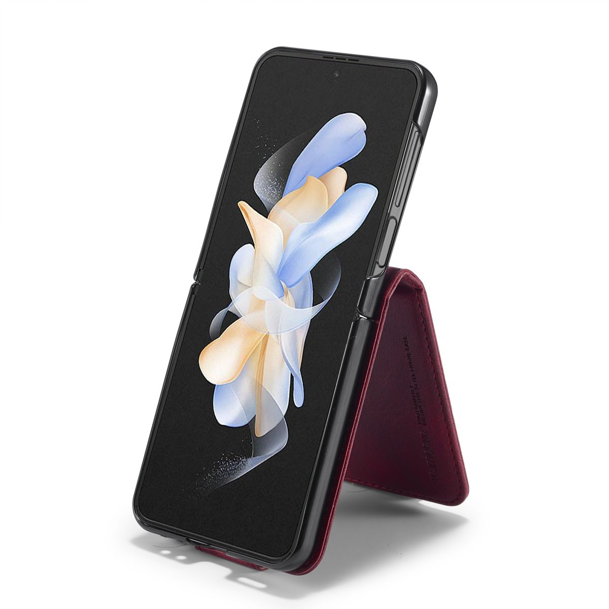 Schwarzes Telefon auf einem weinroten Ständer. Telefon ist offen. Der Bildschirm zeigt eine blaue Blume.