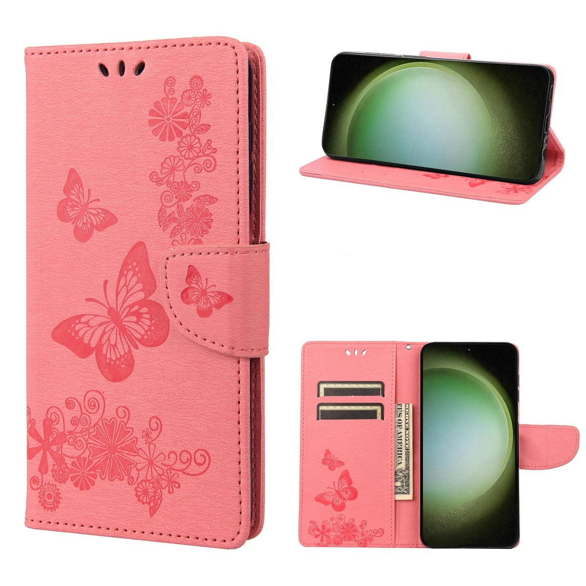 Rosa Handyhülle mit Schmetterling. Das Telefon befindet sich in der Hülle.