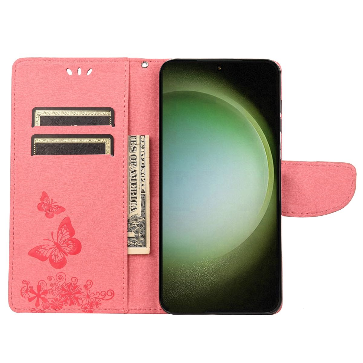 Geöffnete rosa Handyhülle mit Telefon, Geld und Schmetterlingsdesign.