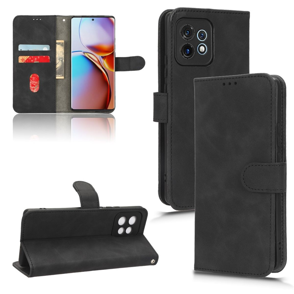 Schwarze Handyhülle in verschiedenen Ansichten, mit Telefon und Karten.