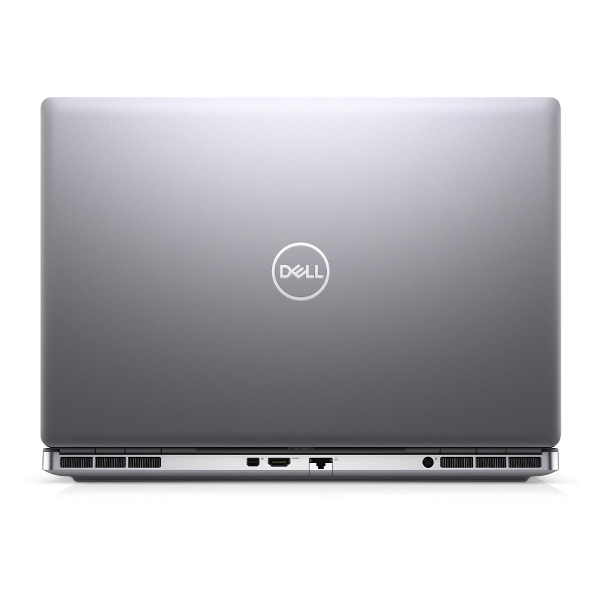 Srebrny laptop Dell, widok z tyłu. Logo Dell pośrodku.