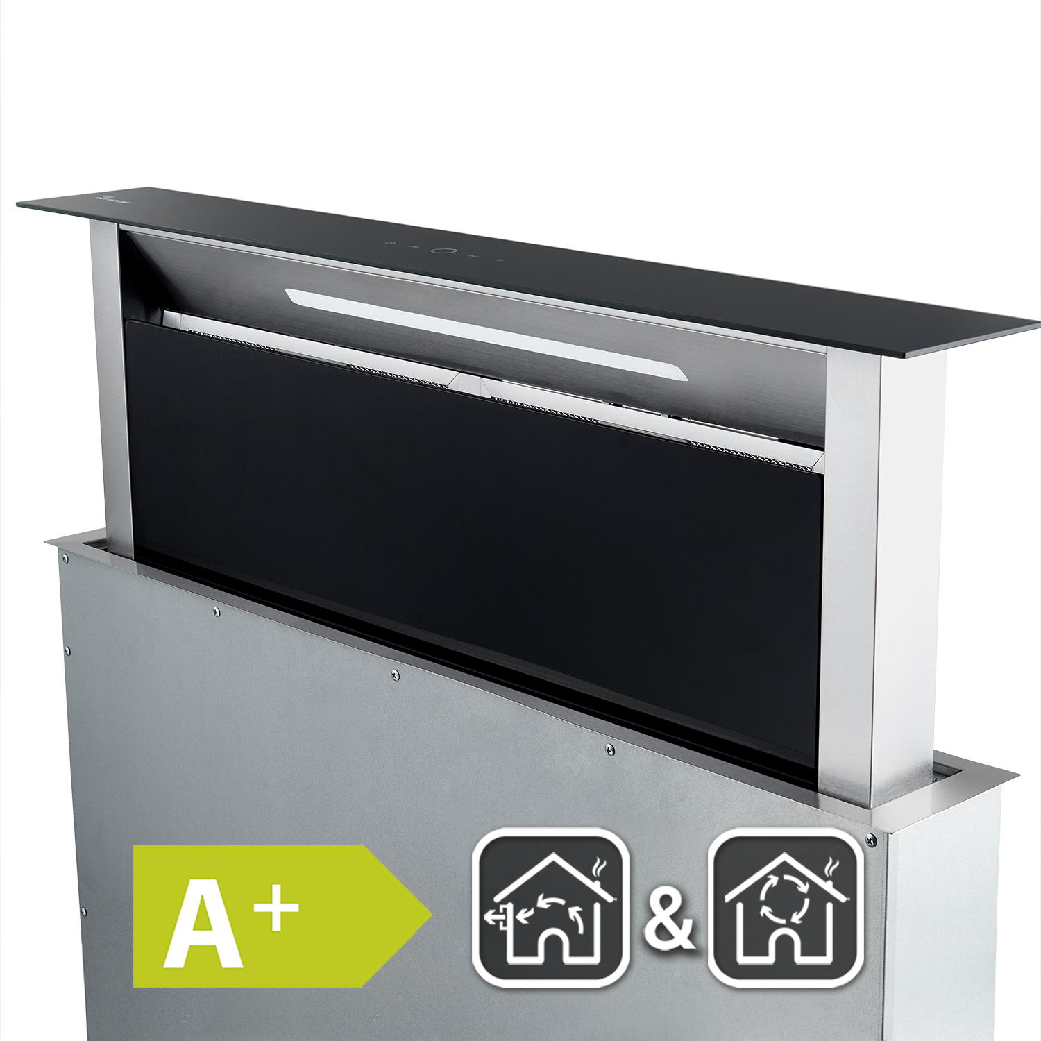 Moderne Küchenhaube, silber und schwarz, mit Energieeffizienz-Labels und Luftauslass-Symbolen.