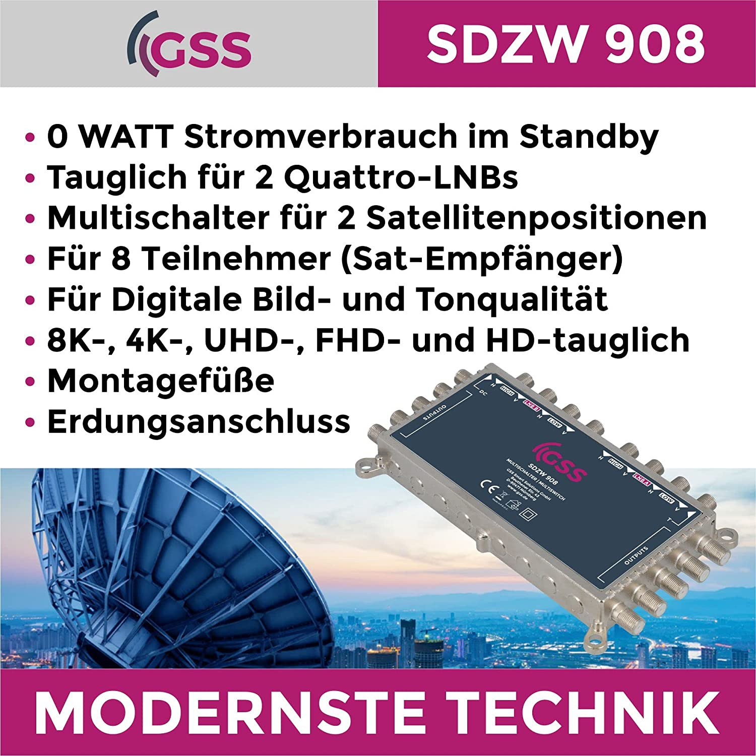 Ein Gerät mit Text auf Deutsch. Es ist ein Multischalter für Satellitensignale.