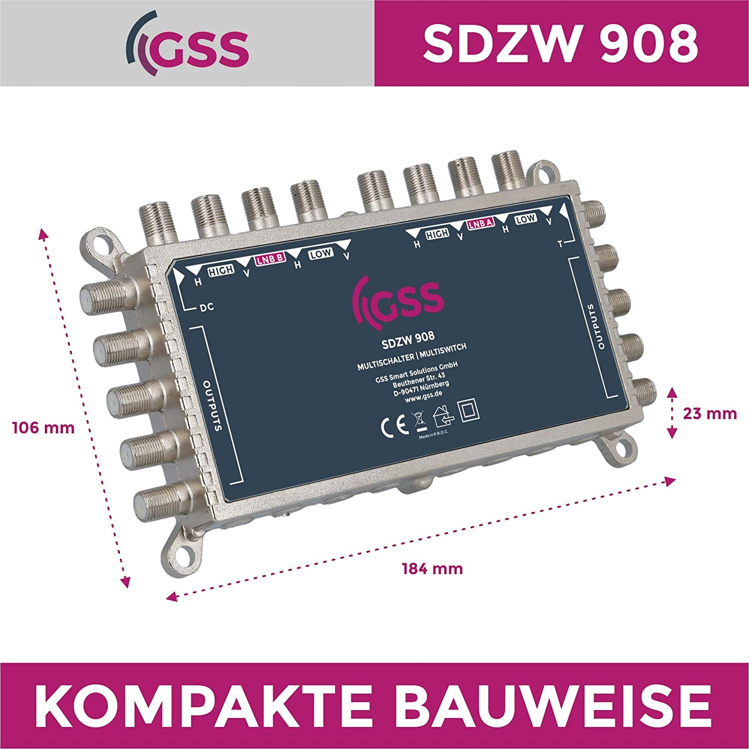 Schwarz-silbernes Multiswitch-Gerät mit Ein- und Ausgängen, Text und Maßangaben.