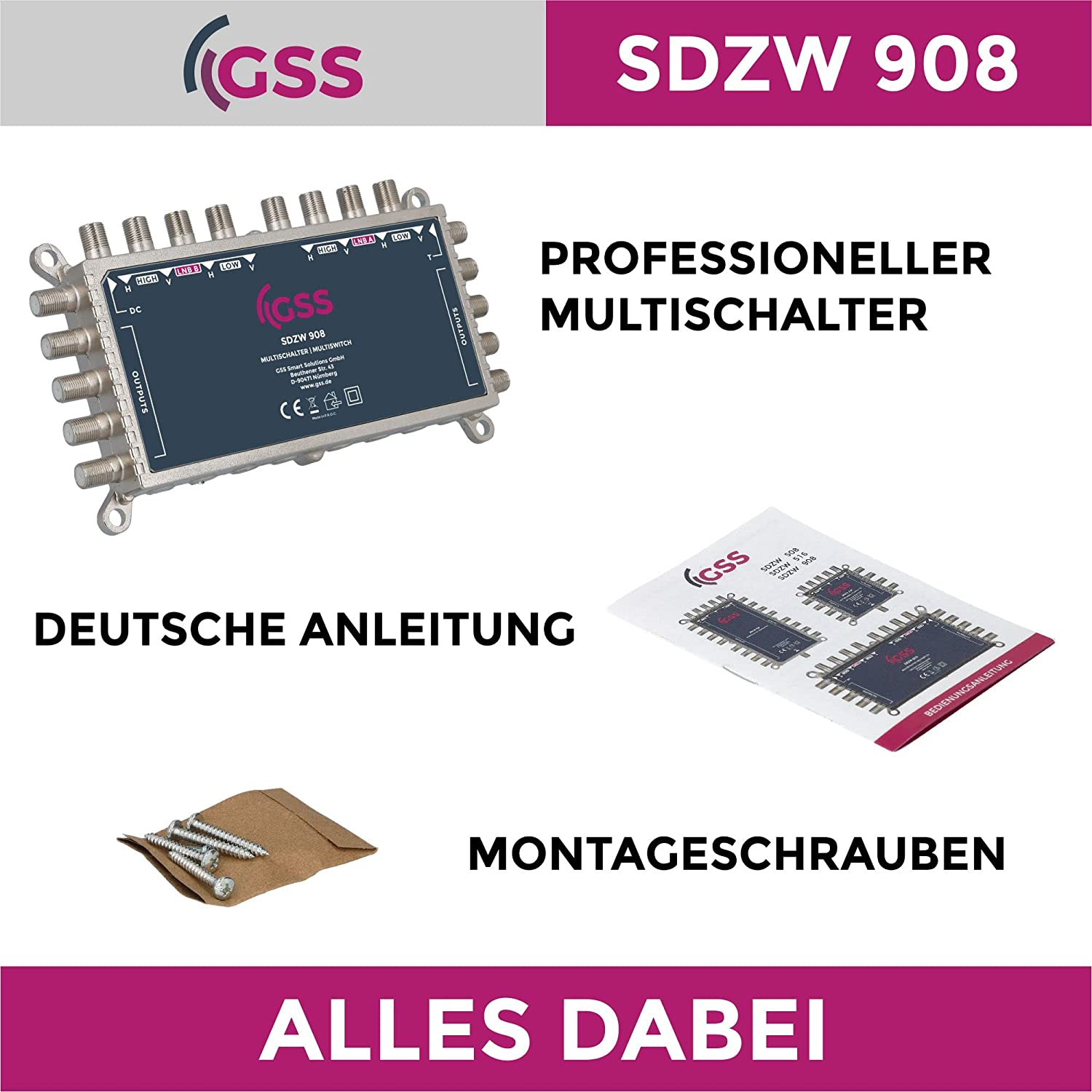 Ein Multi-Switch-Kit mit deutschem Text, einschließlich Schalter, Anleitung und Schrauben.