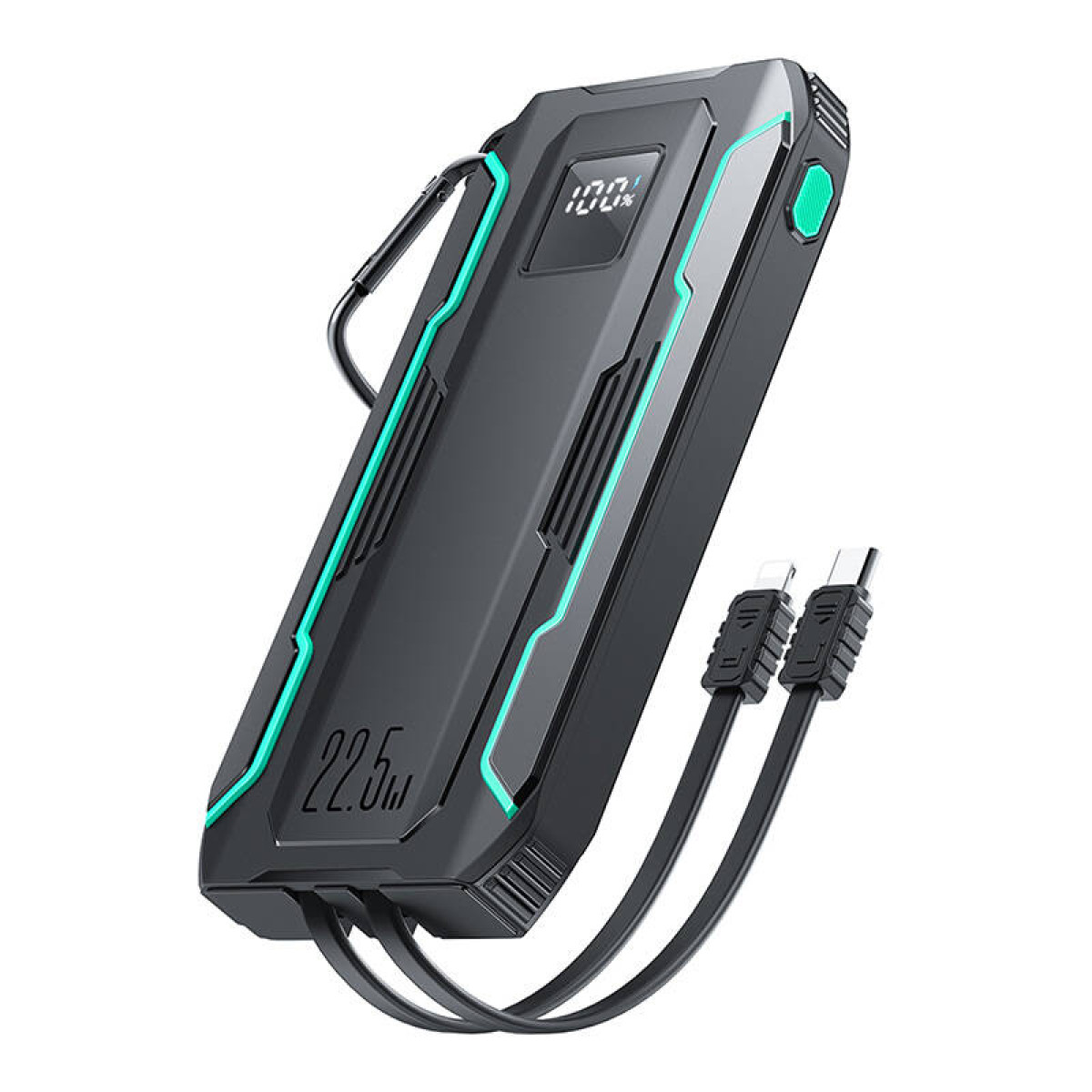 Schwarz-graue Powerbank mit zwei angeschlossenen Ladekabeln. Die Powerbank zeigt 100 % Ladung an.