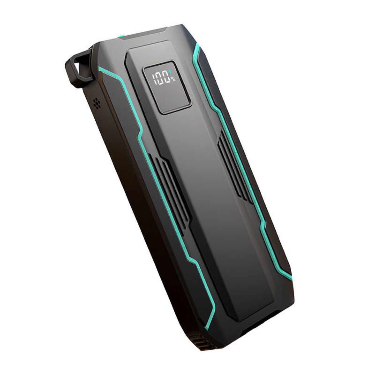 Schwarzes und tealfarbenes Powerbank-Gerät. Das Gerät hat eine Bildschirmanzeige, die den Batterieprozentsatz anzeigt.