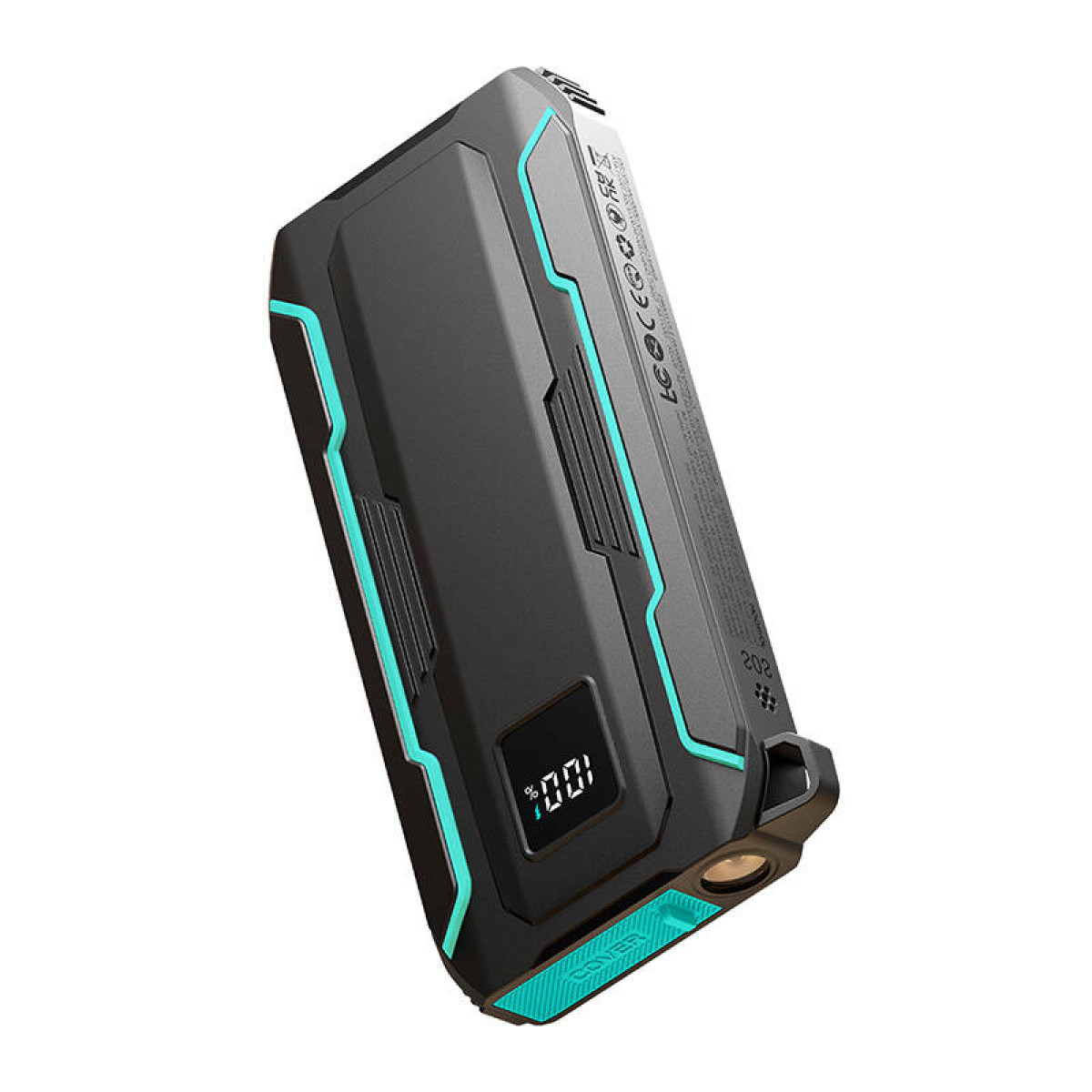 Schwarze und türkisfarbene Powerbank, schräge Ansicht, mit digitaler Anzeige 100%.