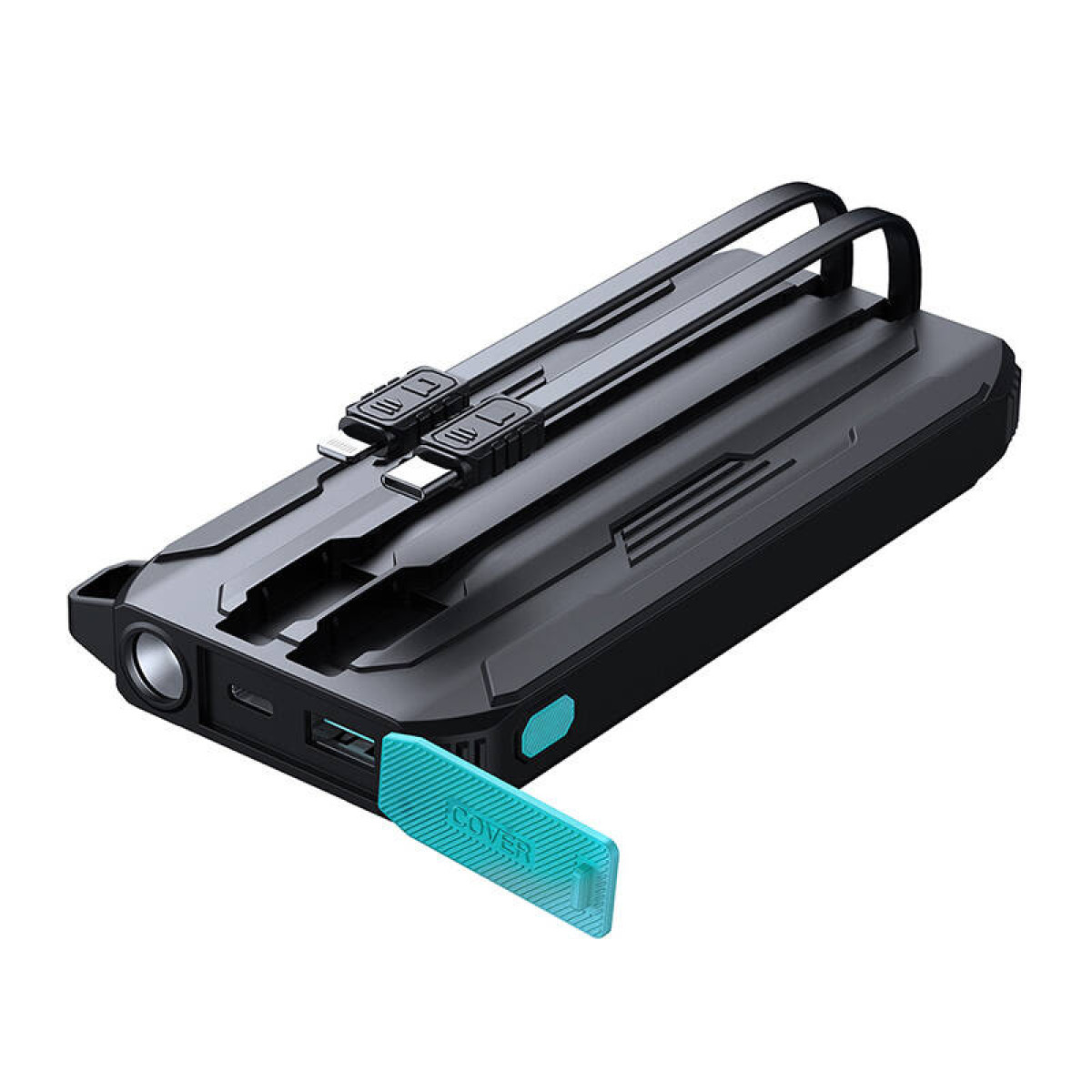 Schwarze Powerbank mit blauem Deckel, zwei Kabeln und Griffen. Weißer Hintergrund.