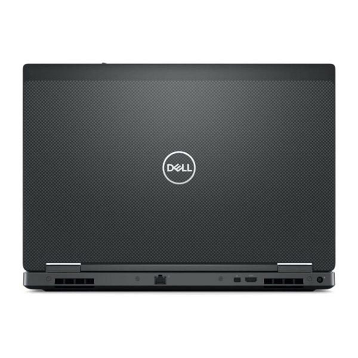 Tył czarnego laptopa z logo Dell pośrodku. Laptop jest zamknięty.