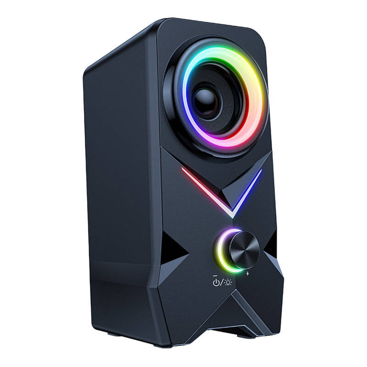 Altoparlante nero con anello di luce colorato e manopola di controllo.
