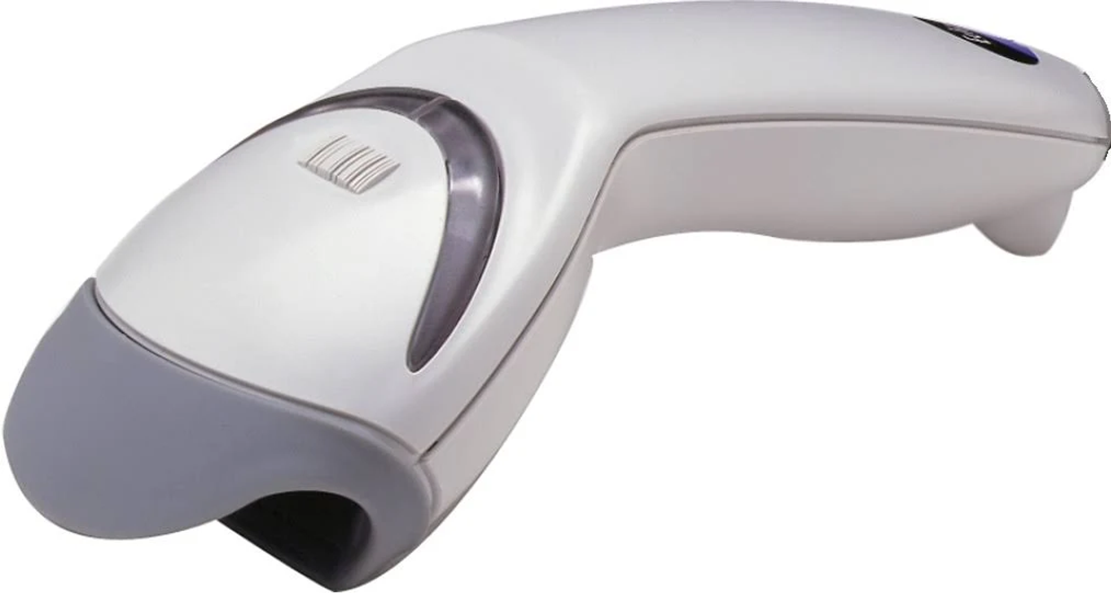 Weiß-grauer Hand-Barcode-Scanner, nach rechts abgewinkelt, freigestellt auf Weiß.