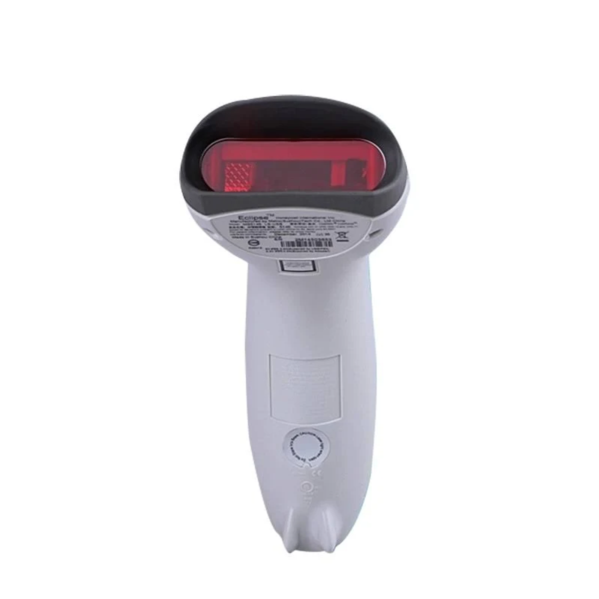 Weißer Barcodescanner. Der Scanner hat ein rotes Licht und zeigt nach oben.