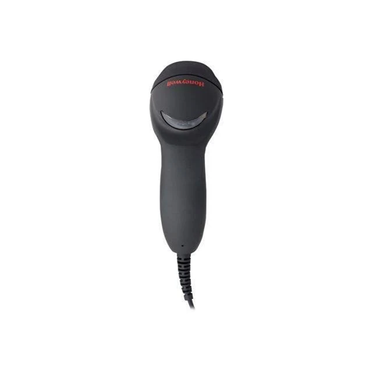 Schwarzer Barcode-Scanner mit Griff und Taste, auf weißem Hintergrund.