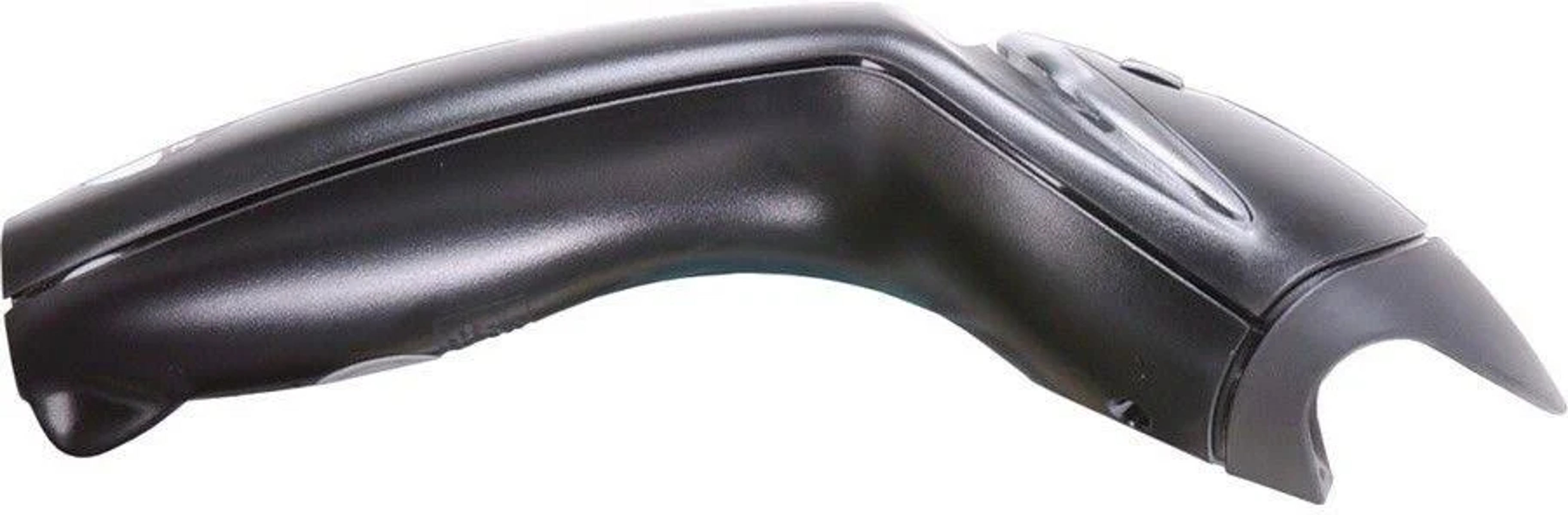 Ein schwarzer Barcode-Scanner. Es ist ein gebogenes, tragbares Gerät.