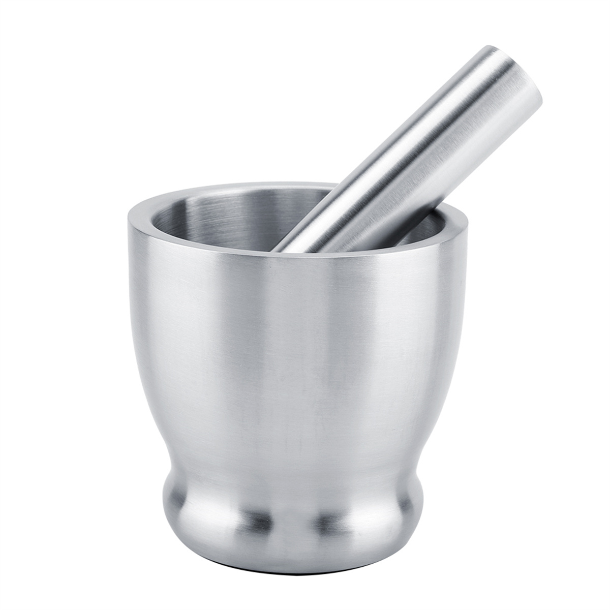 Ein Edelstahl-Mörser und Stößel-Set, mit dem Stößel im Mörser.