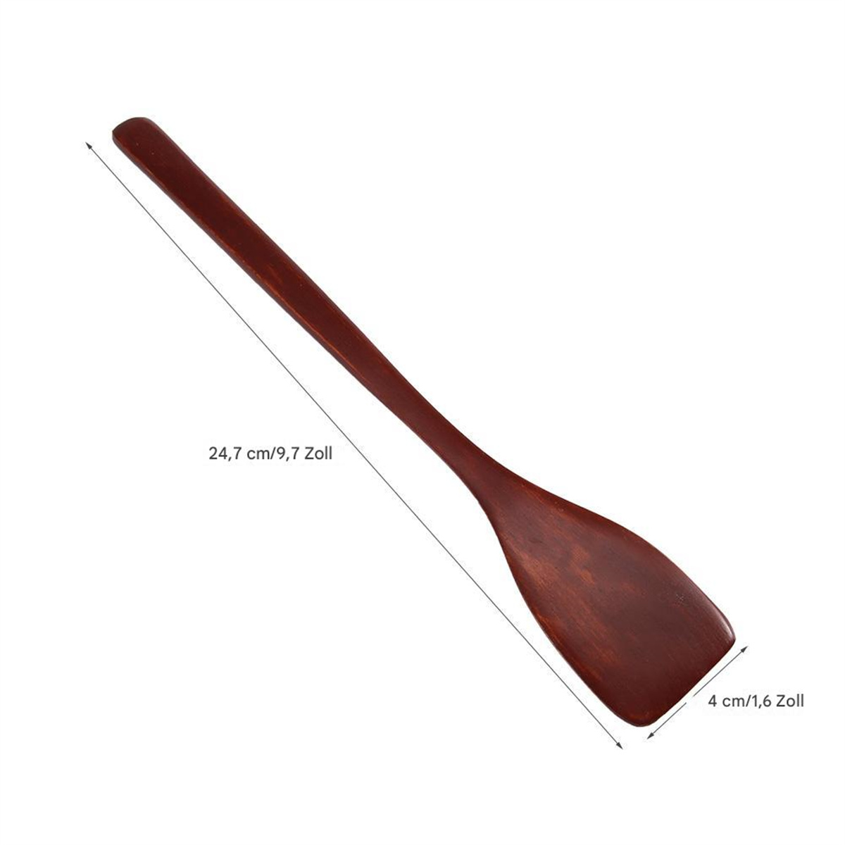 Holzspatel, braune Farbe, Schrägschuss, Maße in cm/Zoll.