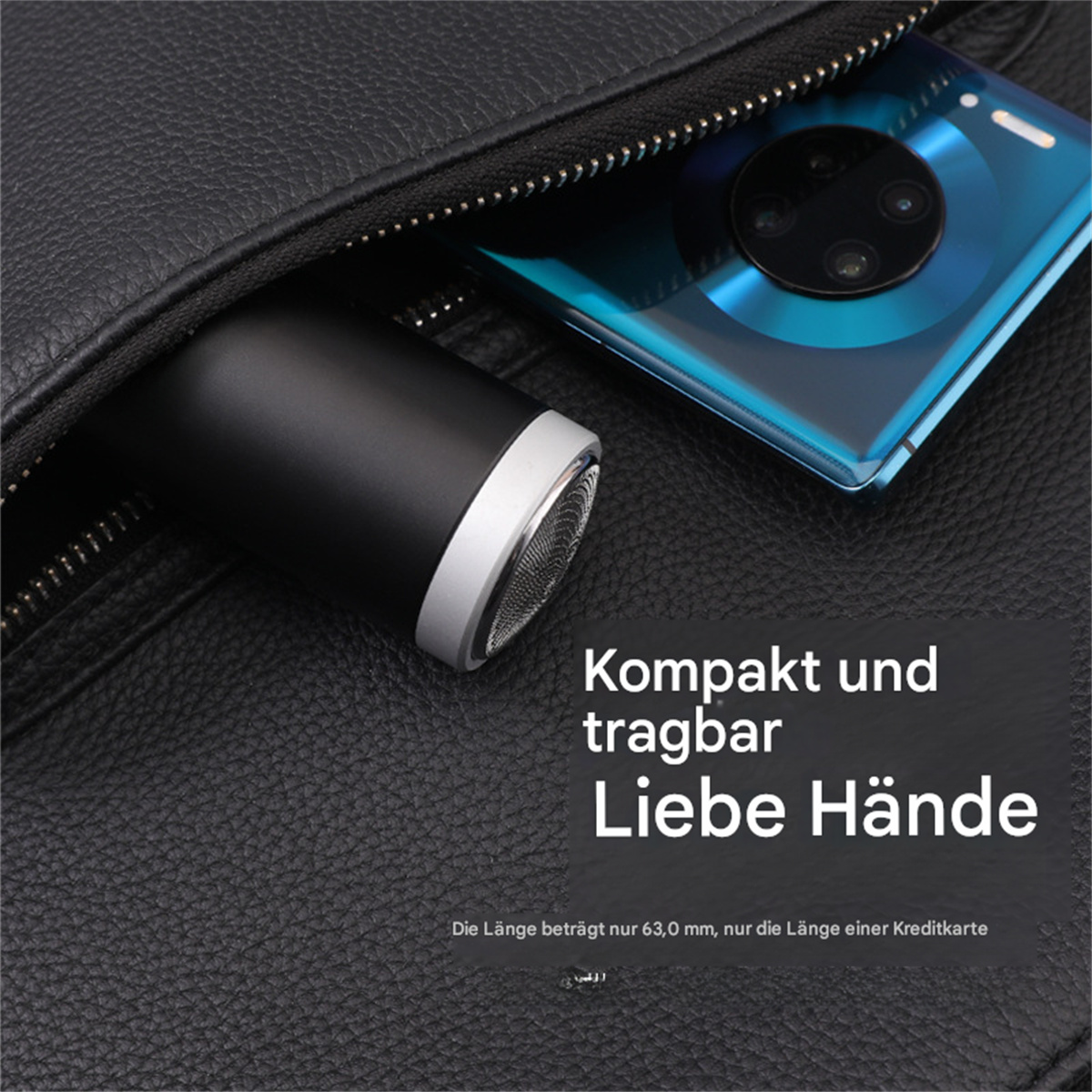 Eine schwarze Ledertasche mit einem schwarzen Rasierer und einem Telefon darin. Text auf Deutsch.