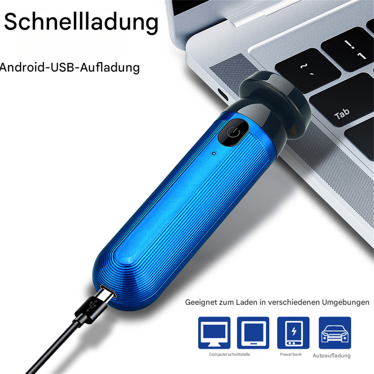Blauer Rasierer, der an einem Laptop aufgeladen wird. Text: Schnellladung, Android-USB-Aufladung und drei Symbole.