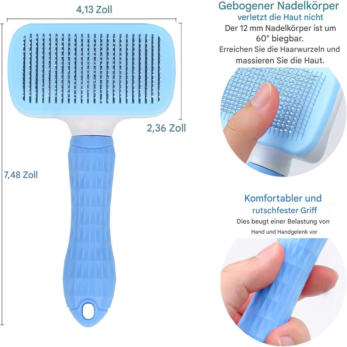 Blaue Tierpflegebürste. Die Bürste hat einen Griff und abgewinkelte Metallzähne. Weißer Hintergrund.