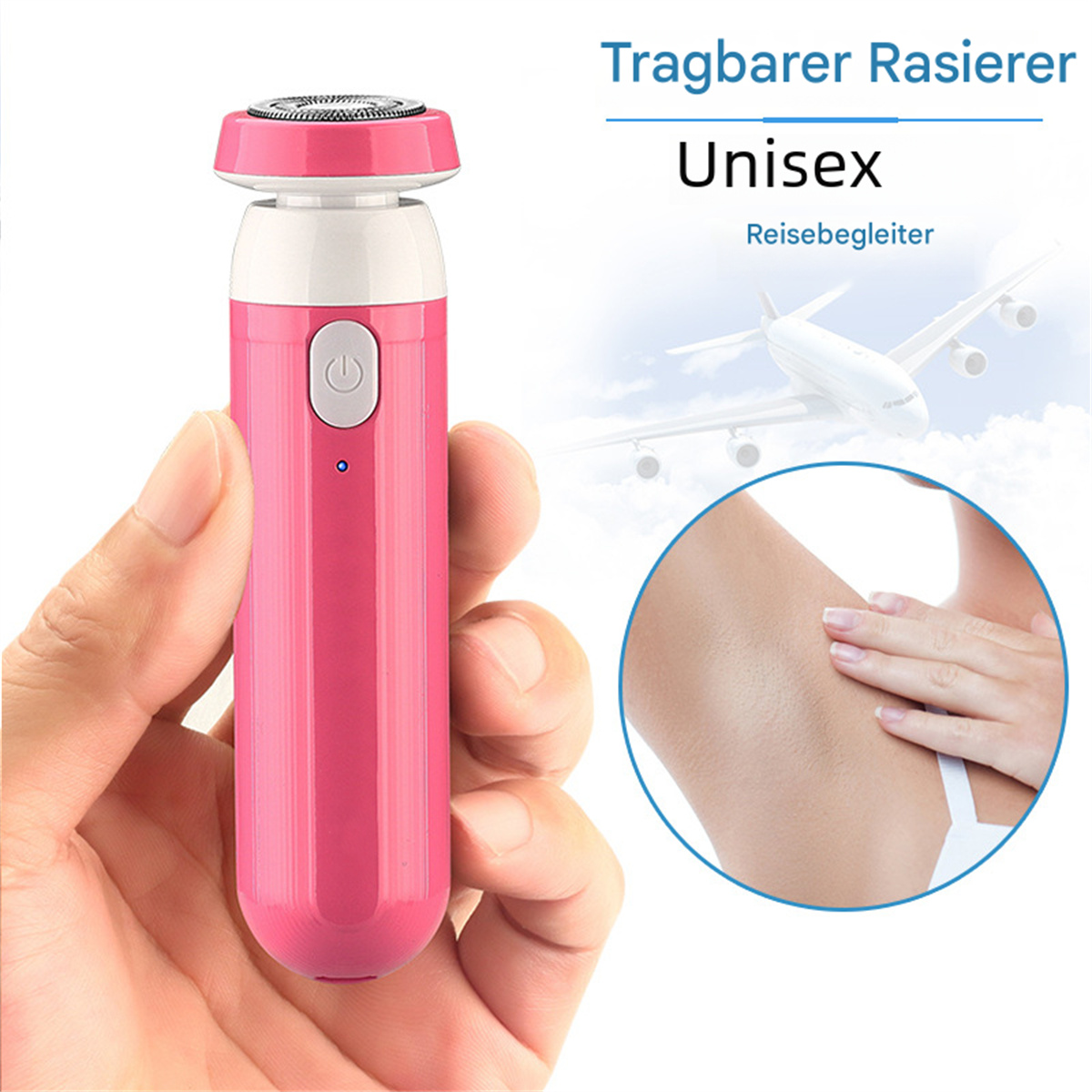 Rosa-weißer Elektrorasierer mit Hand und Arm einer Frau im Hintergrund.