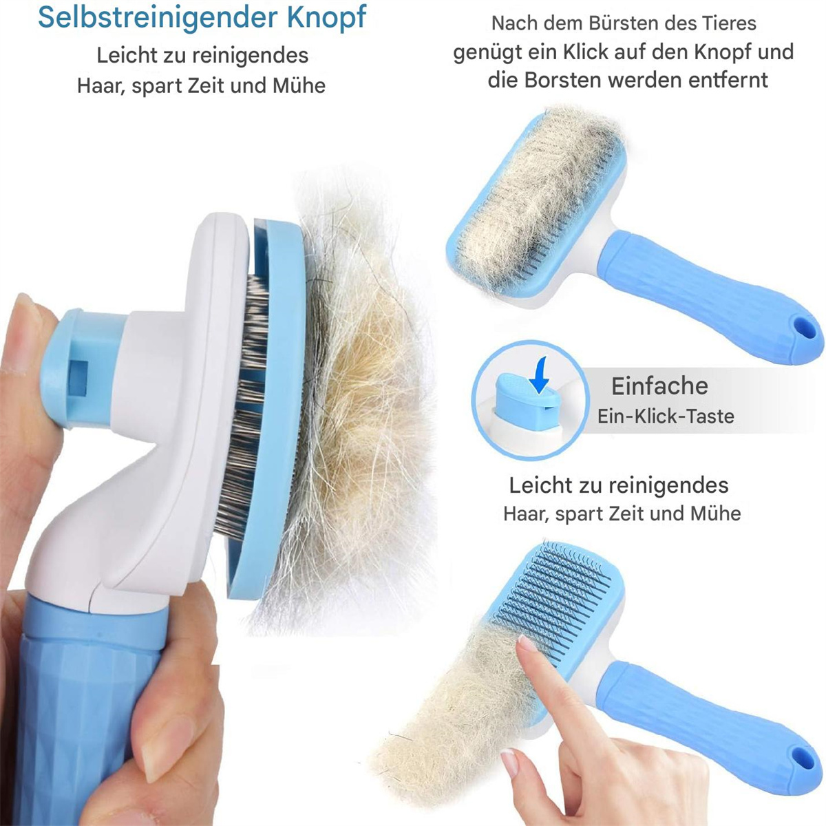 Tierhaarbürsten. Ein Klick-Knopf entfernt die Haare. Deutscher Text erklärt die Selbstreinigungsfunktion.