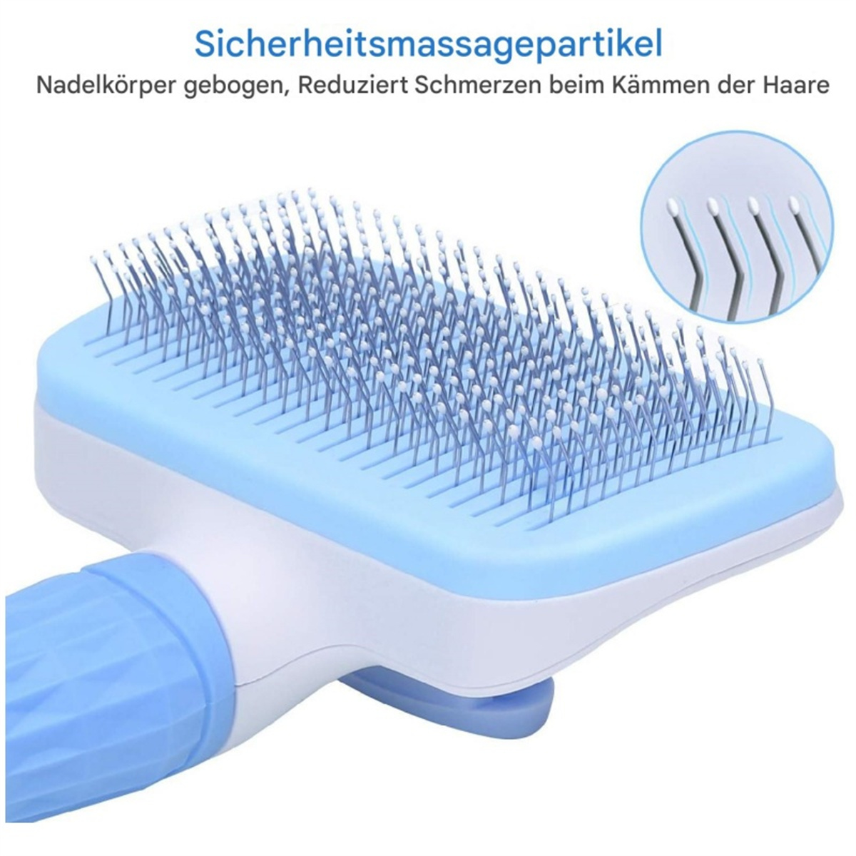 Blau-weiße Haustierbürste mit Metallborsten. Text in Deutsch beschreibt die Funktion.