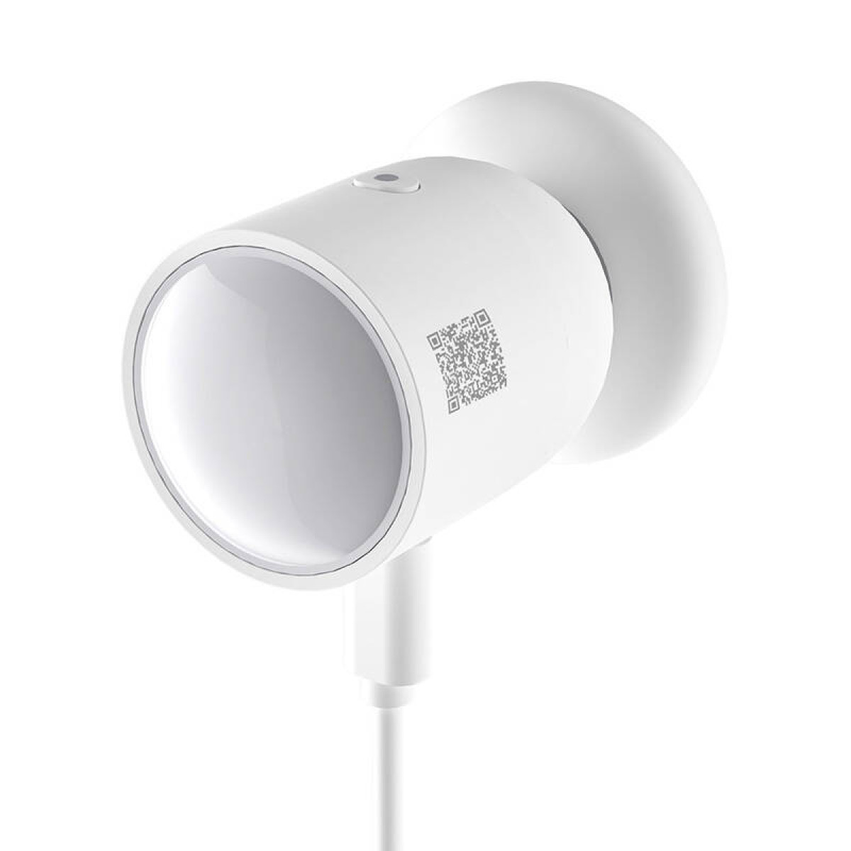Białe urządzenie cylindryczne z kodem QR, połączone z białym przewodem.