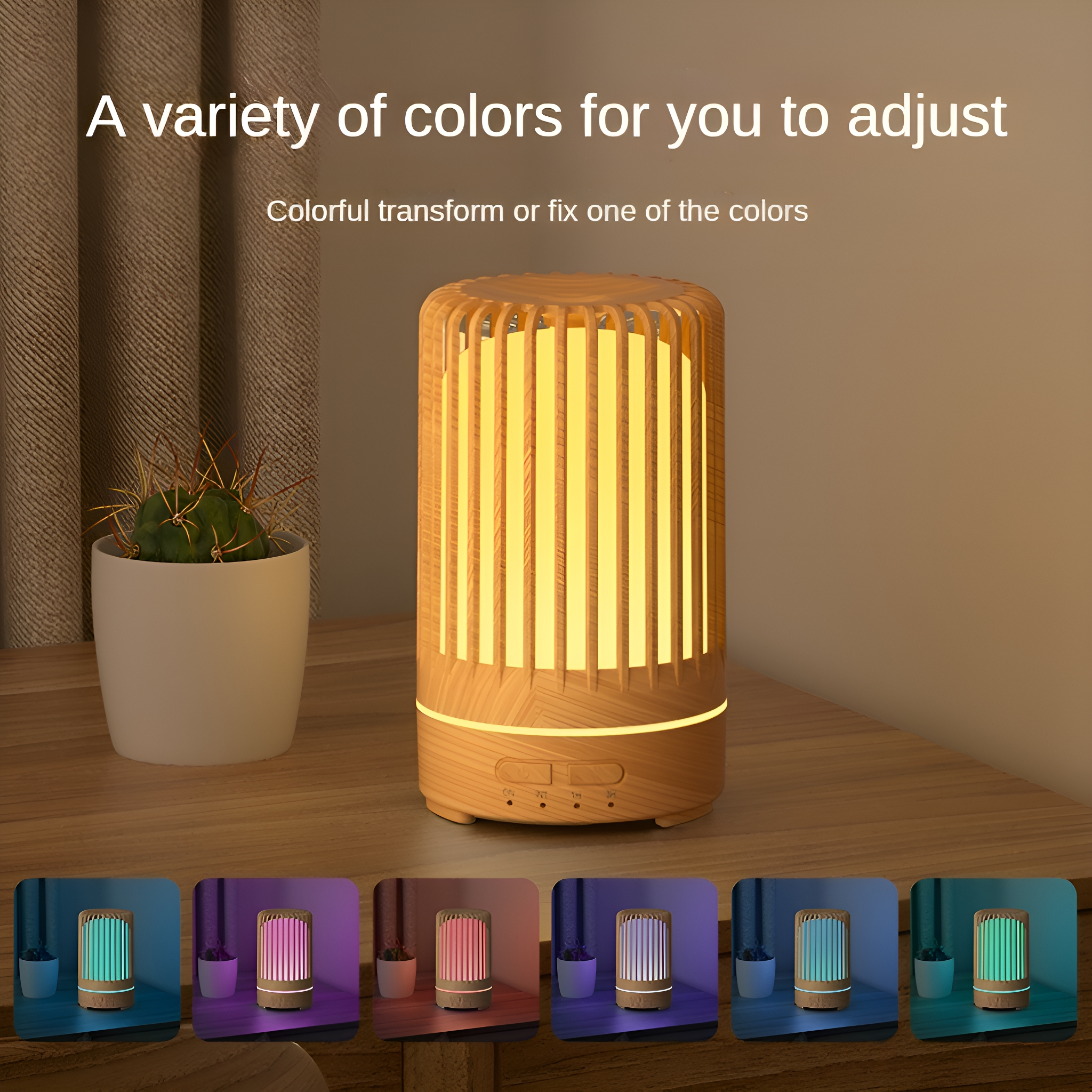 Ein holzartig aussehender Aroma-Diffusor mit Licht. Er hat mehrere Farboptionen.