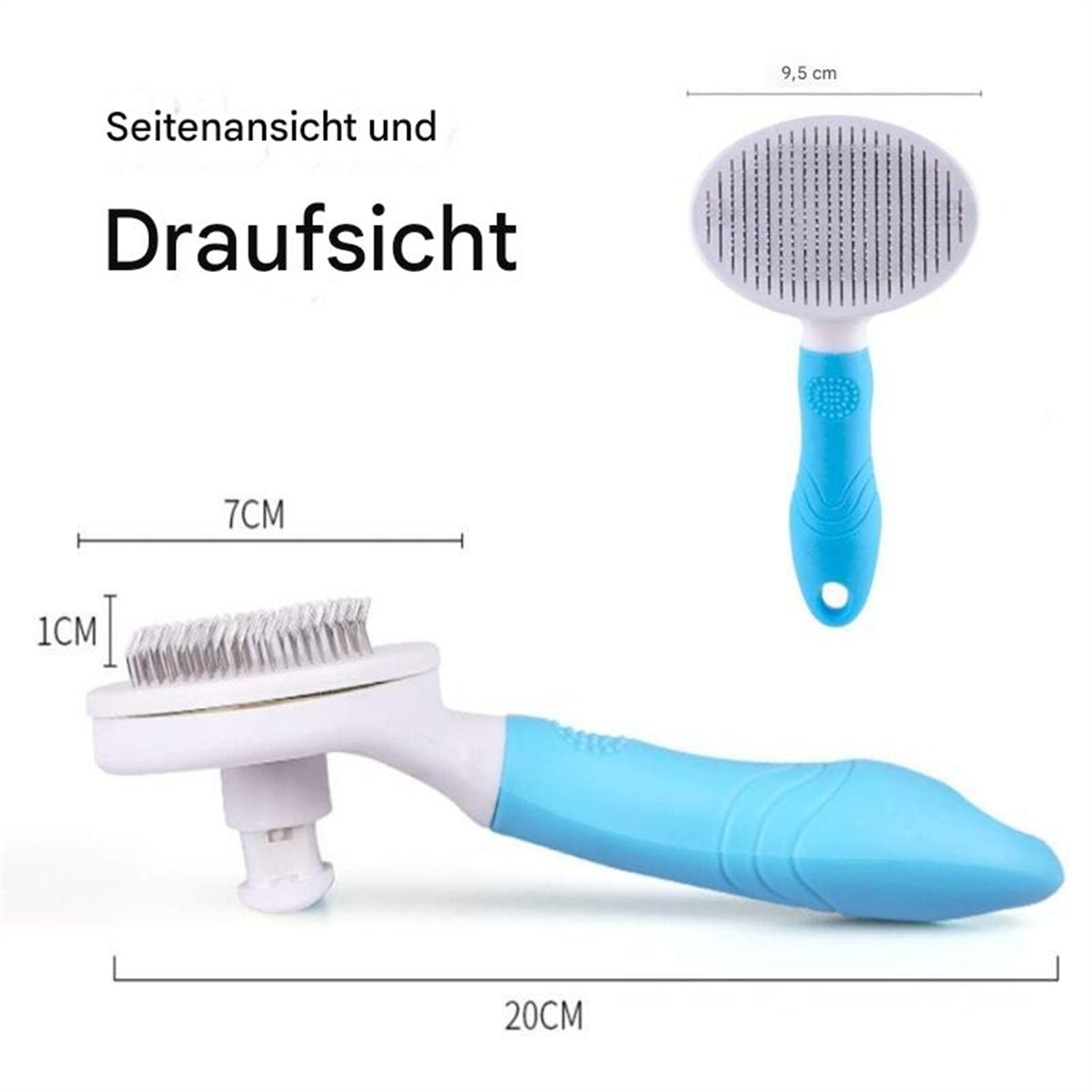 Haustierbürste, blau und weiß, mit beschrifteten Abmessungen. Seiten- und Draufsicht werden gezeigt.
