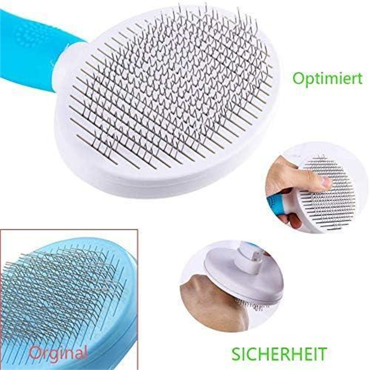 Tierbürste mit abgewinkelten Metallzähnen. Weißes und blaues Farbschema. Weißer Hintergrund. Nahaufnahmen.
