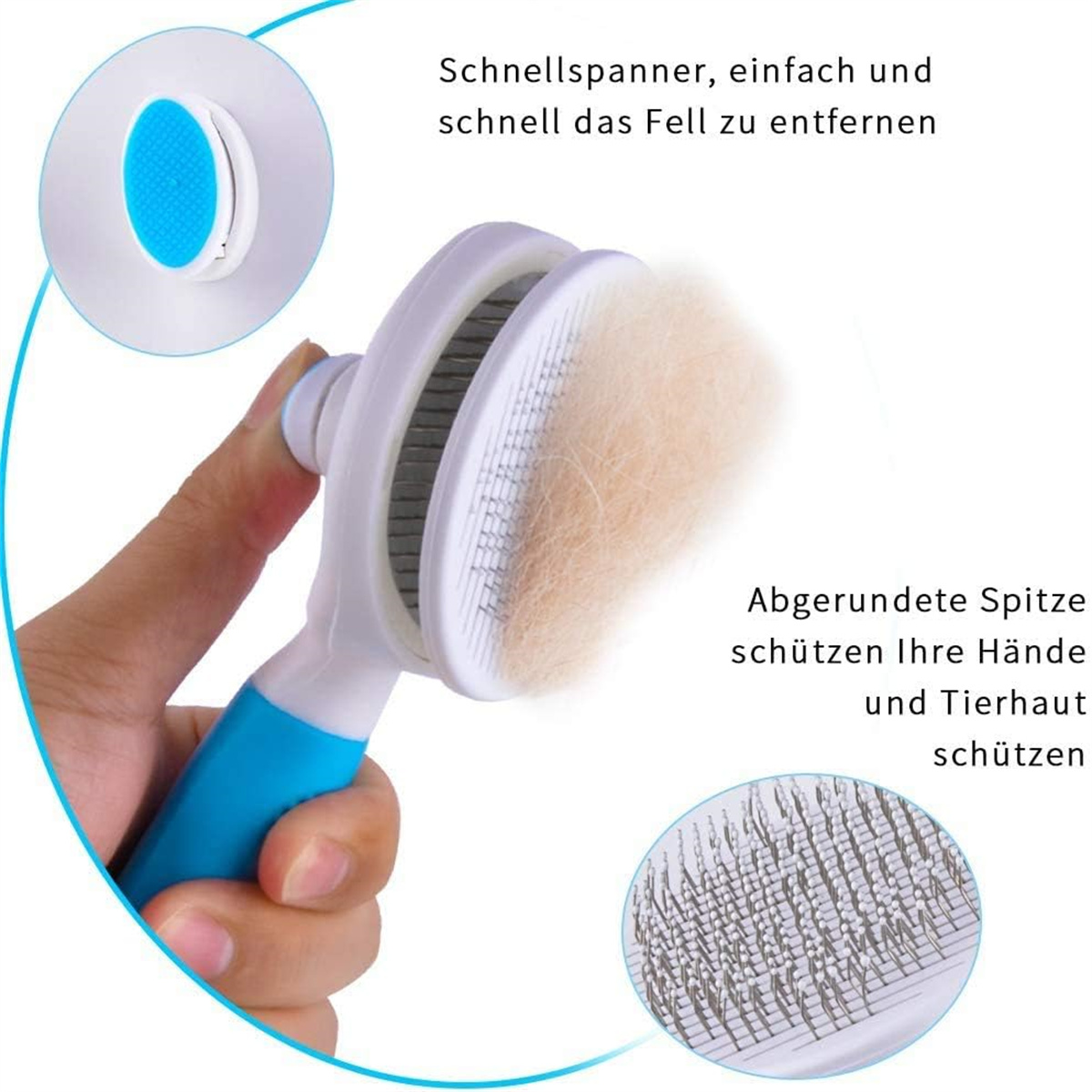 Eine Tierbürste mit Haaren. Hand hält Bürste mit blau-weißem Griff.