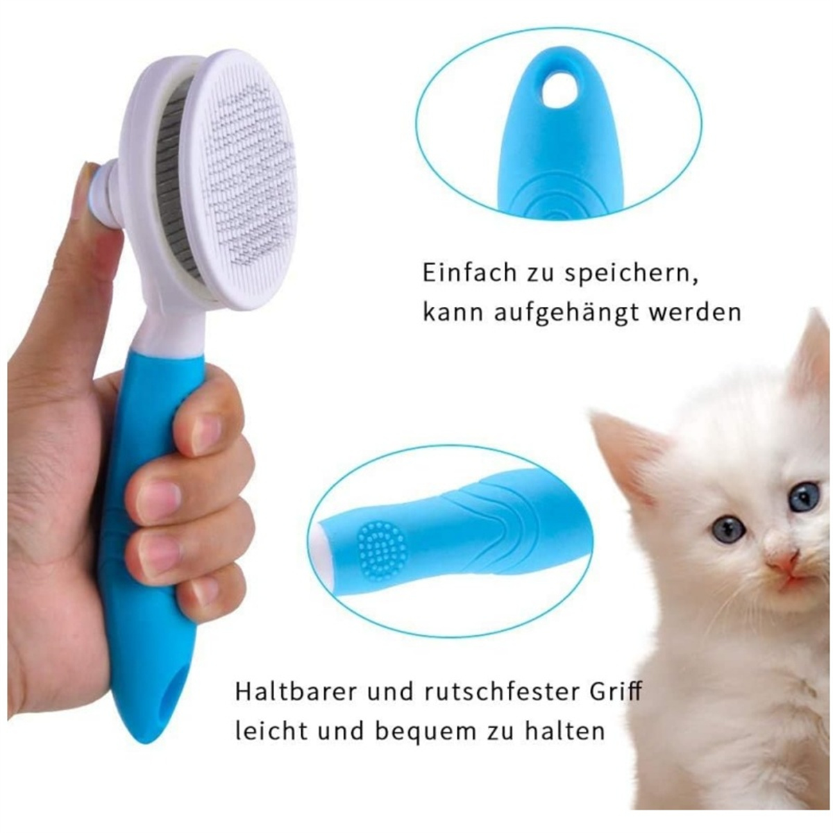 Hand hält blaue Haustierbürste, Details zeigen Bürstenmerkmale, weißes Kätzchen.