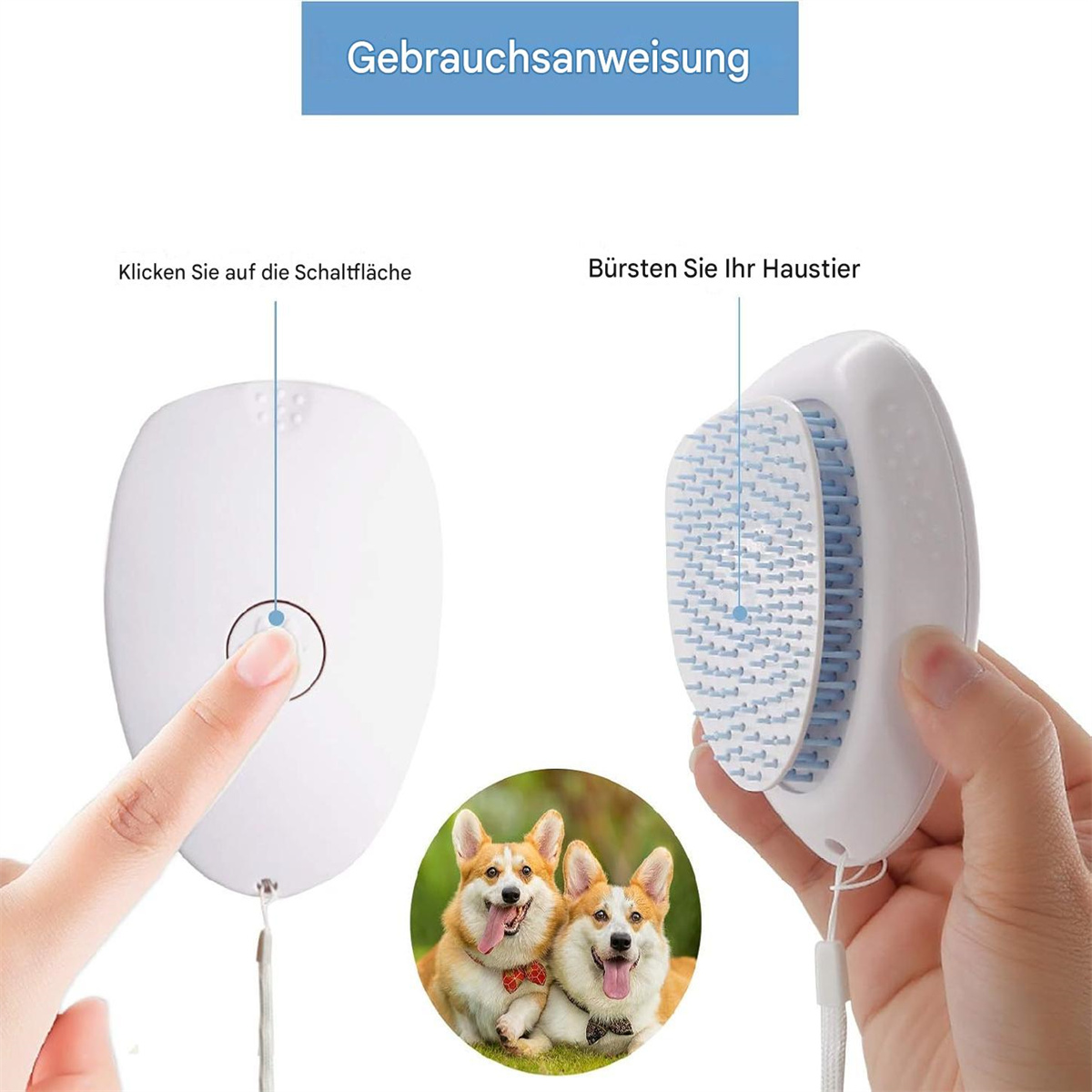 Tierpflegebürste, zeigt einen Knopf zum Drücken und den Bürstenkopf. Zwei Hunde im Hintergrund.