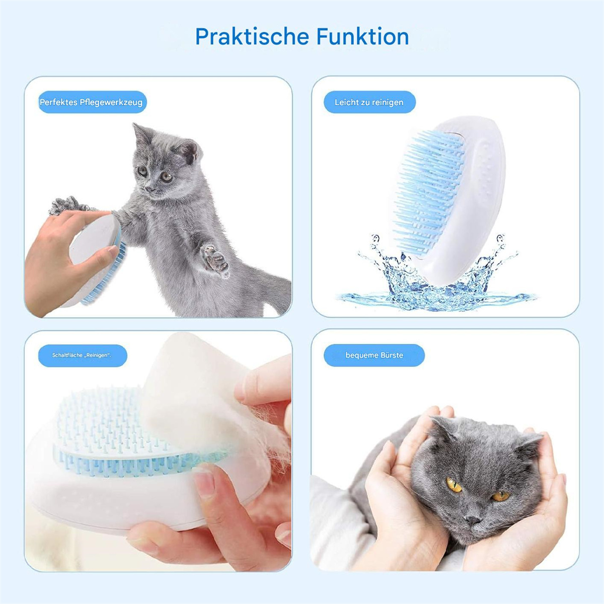 Vier Bilder, die die Katzenpflege detailliert beschreiben. Eine Katze wird gebürstet. Eine Katze wird gehalten. Eine Bürste mit Wasser.
