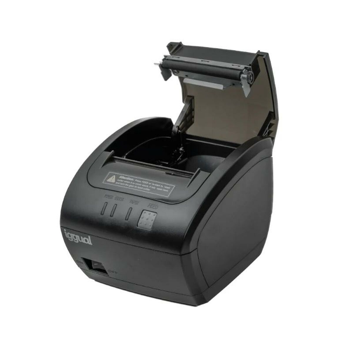 Schwarzer Thermobondrucker, geöffnet, zeigt die Papierrolle und interne Komponenten.