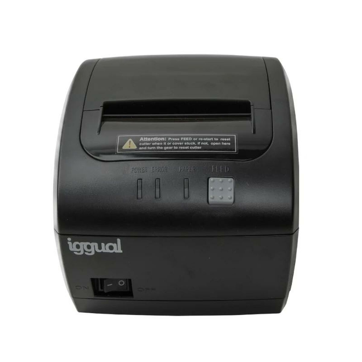 Ein schwarzer Thermodrucker mit den Tasten 'POWER ERROR', 'PAPER' und 'FEED'.