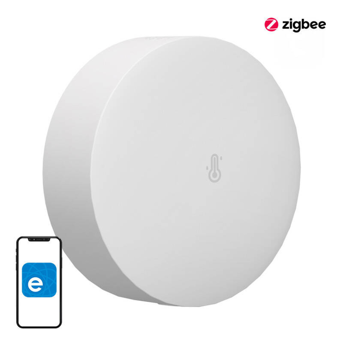 Białe, okrągłe urządzenie smart home Zigbee z ikoną termometru, z telefonem po lewej stronie.