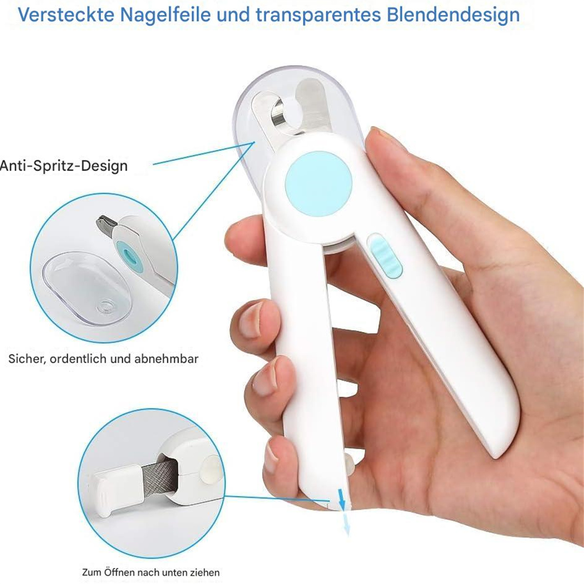 Hand hält weiße und blaue Haustier-Nagelknipser mit einem durchsichtigen Schutz.
