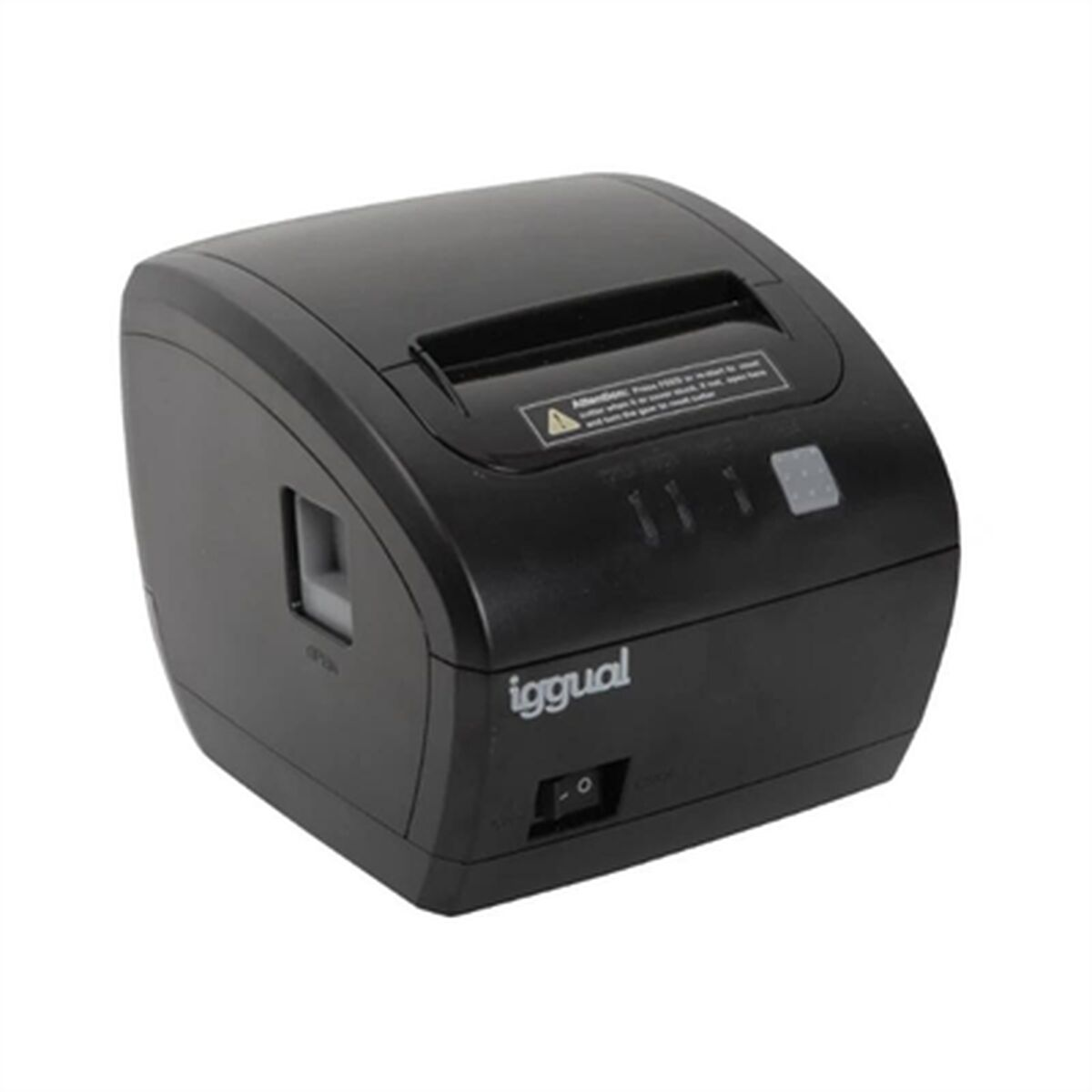 Schwarzer Thermodrucker mit Papierschlitz. Der Drucker hat einen Ein-/Ausschalter und das Logo 'iggual'.