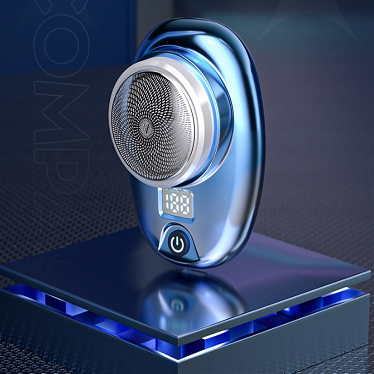Blau-silberner Elektrorasierer auf einem Ständer. Zeigt einen LED-Bildschirm mit einem Stromsymbol.