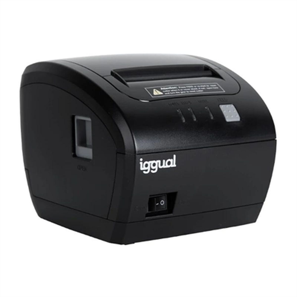 Schwarzer Thermodrucker, Marke iggual. Netzschalter und Papierausgabe sichtbar.