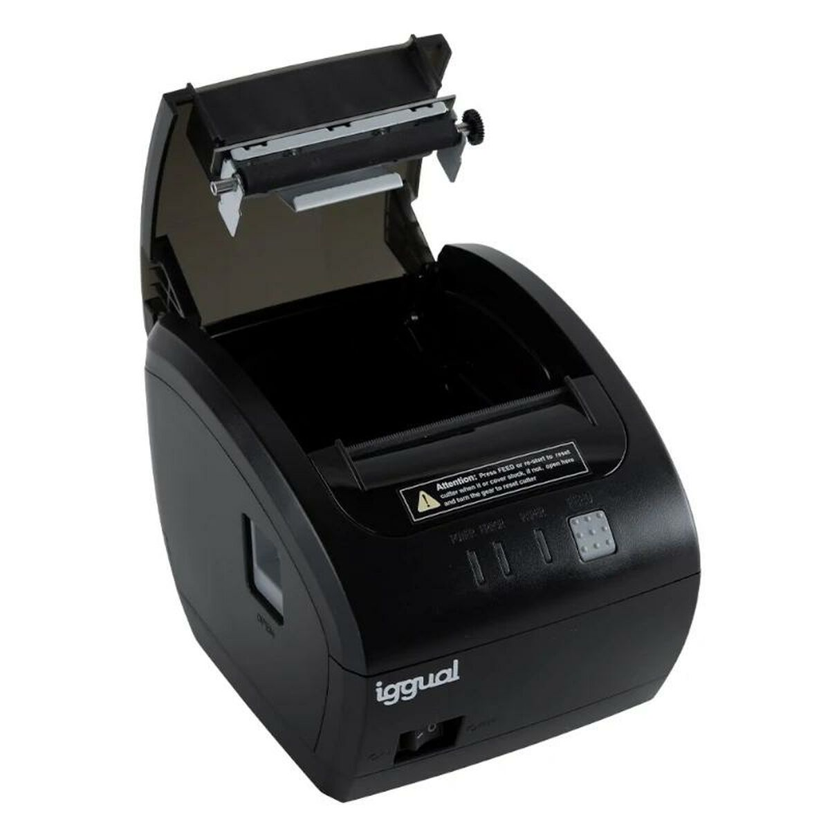 Ein schwarzer Drucker mit geöffnetem Deckel, der den Druckmechanismus zeigt.