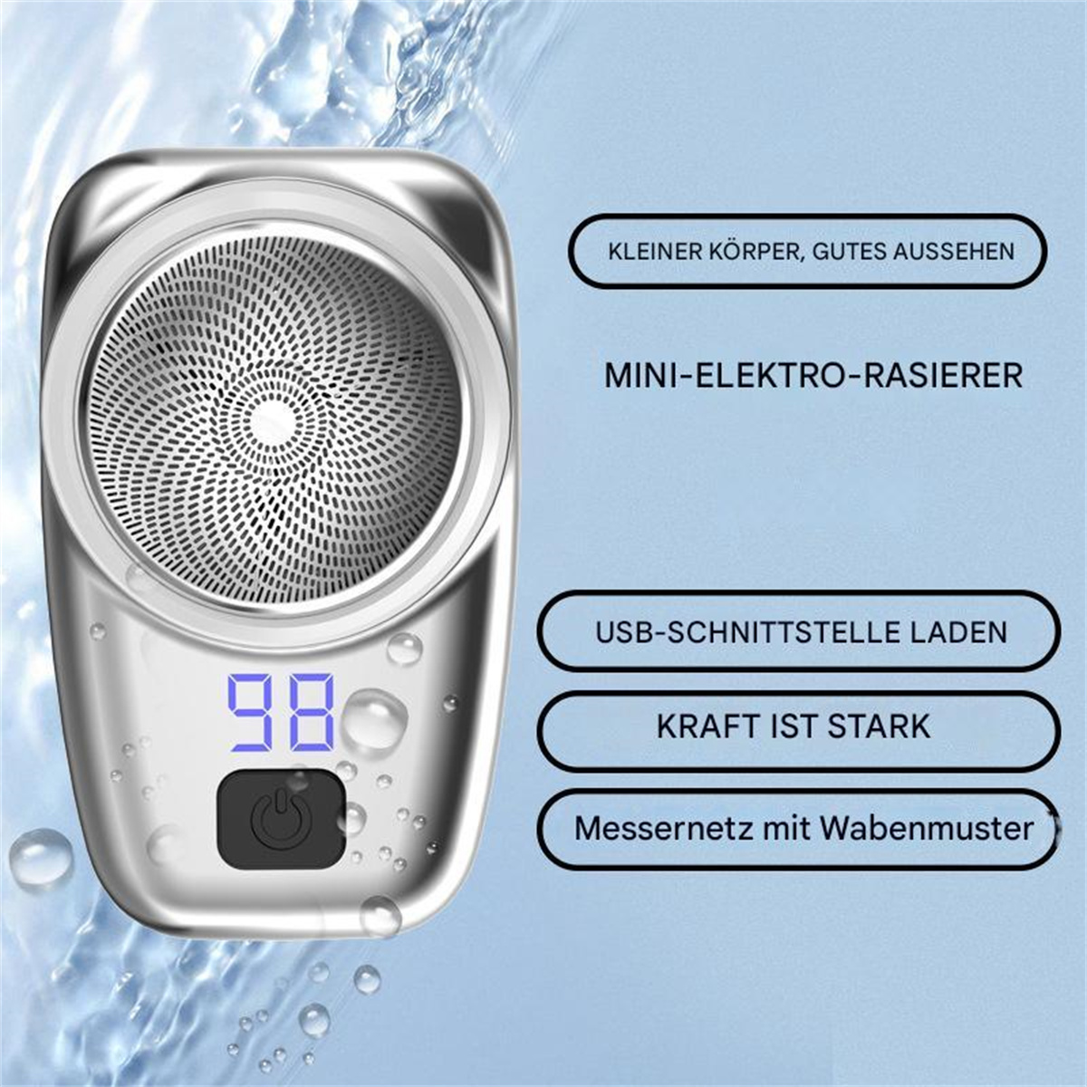 Ein silberner Elektrorasierer mit digitalem Display. Mit Knopf und USB-Laden.