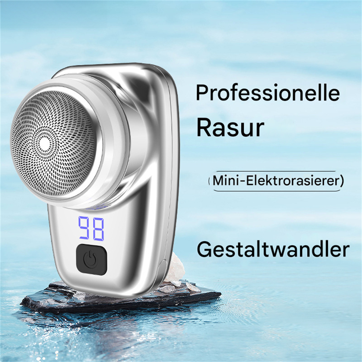 Ein silberner Mini-Elektro-Rasierer. Text: 'Professionelle Rasur' und 'Gestaltwandler'.