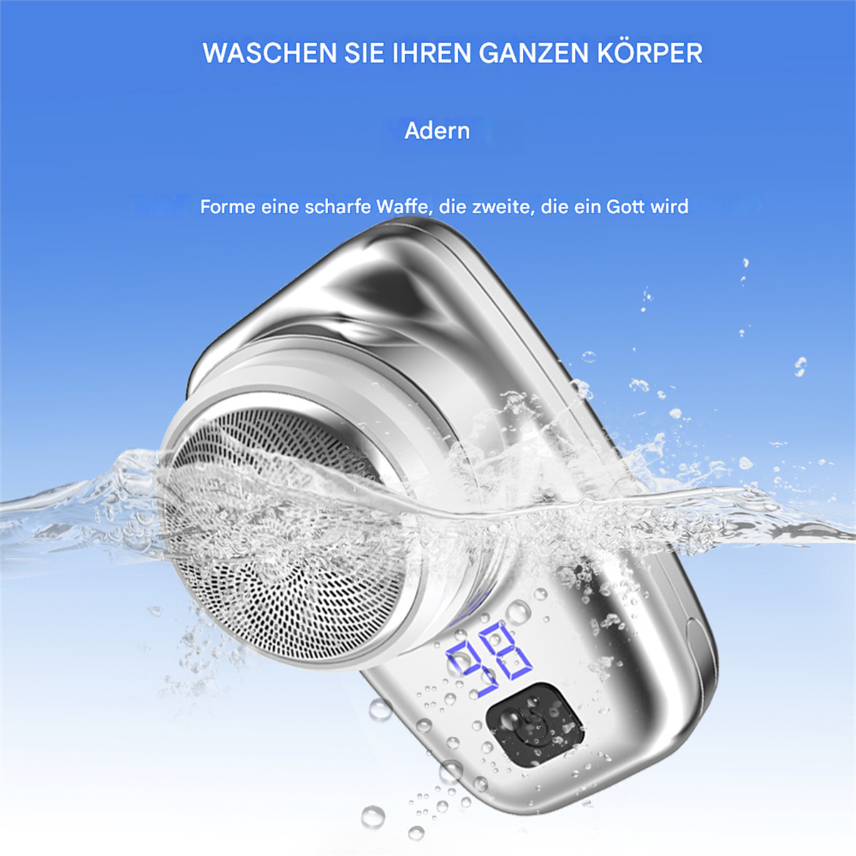 Ein silberner Rasierer in Wasser mit digitaler Anzeige 98. Blasen um den Rasierer.